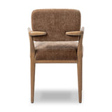 Pastoral inspiration defines a thoughtfully designed dining chair of toasted oak, while soft earthen upholstery covers a comfortable seat and back Amethyst Home provides interior design, new home construction design consulting, vintage area rugs, and lighting in the Scottsdale metro area.