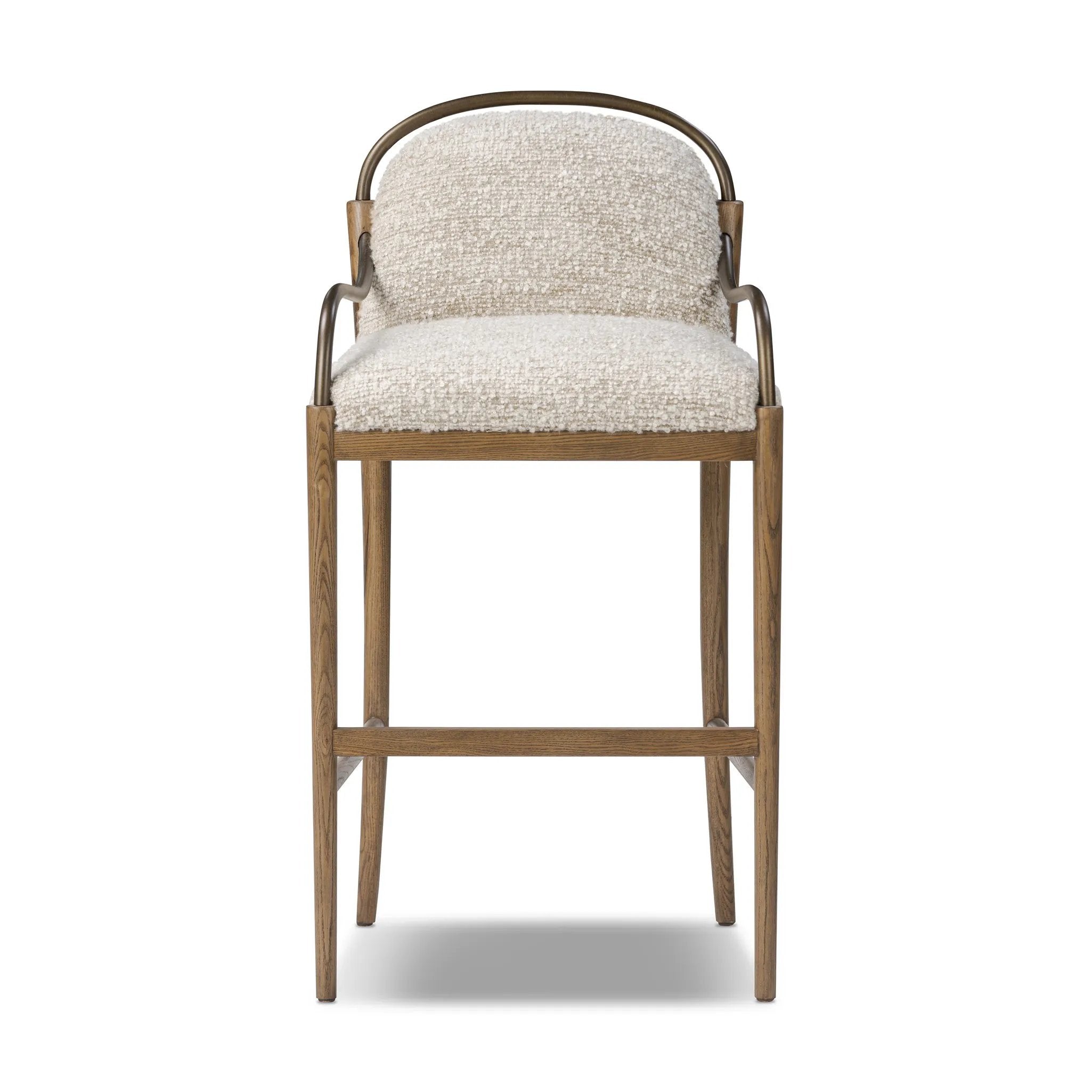 A tribute to traditional artistry and found pieces, this bar stool fluidly combines ash and burnished brass to frame a comfortable S-spring seat. Finished in heavy boucle-like upholstery that features a subtle linear pattern for added depth — creating a luxe, inviting feel. A design collaboration by Amber Lewis and Four Hands. Amethyst Home provides interior design, new home construction design consulting, vintage area rugs, and lighting in the Scottsdale metro area.