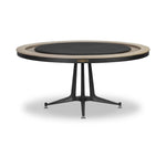 All in. The wood table top of this poker table from District Eight is finished in felt for easy card grabbing, and accented by a leather cushioned edge for comfort. Supported by an industrial cast iron trestle pedestal base, finished with adjustable feet. Amethyst Home provides interior design, new home construction design consulting, vintage area rugs, and lighting in the Charlotte metro area.