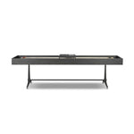 Material-driven for fun, this shuffleboard table features a hand-stitched leather landing surface, laminated solid oak game board — finished in a durable lacquer — and industrial trestle-style, cast iron legs. Climatic adjusters for leveling with ease. Each table comes with carved wood and steel pucks, as well as a steel ring scoring mechanism. Amethyst Home provides interior design, new home construction design consulting, vintage area rugs, and lighting in the Boston metro area.