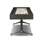 Material-driven for fun, this shuffleboard table features a hand-stitched leather landing surface, laminated solid oak game board — finished in a durable lacquer — and industrial trestle-style, cast iron legs. Climatic adjusters for leveling with ease. Each table comes with carved wood and steel pucks, as well as a steel ring scoring mechanism. Amethyst Home provides interior design, new home construction design consulting, vintage area rugs, and lighting in the Newport Beach metro area.