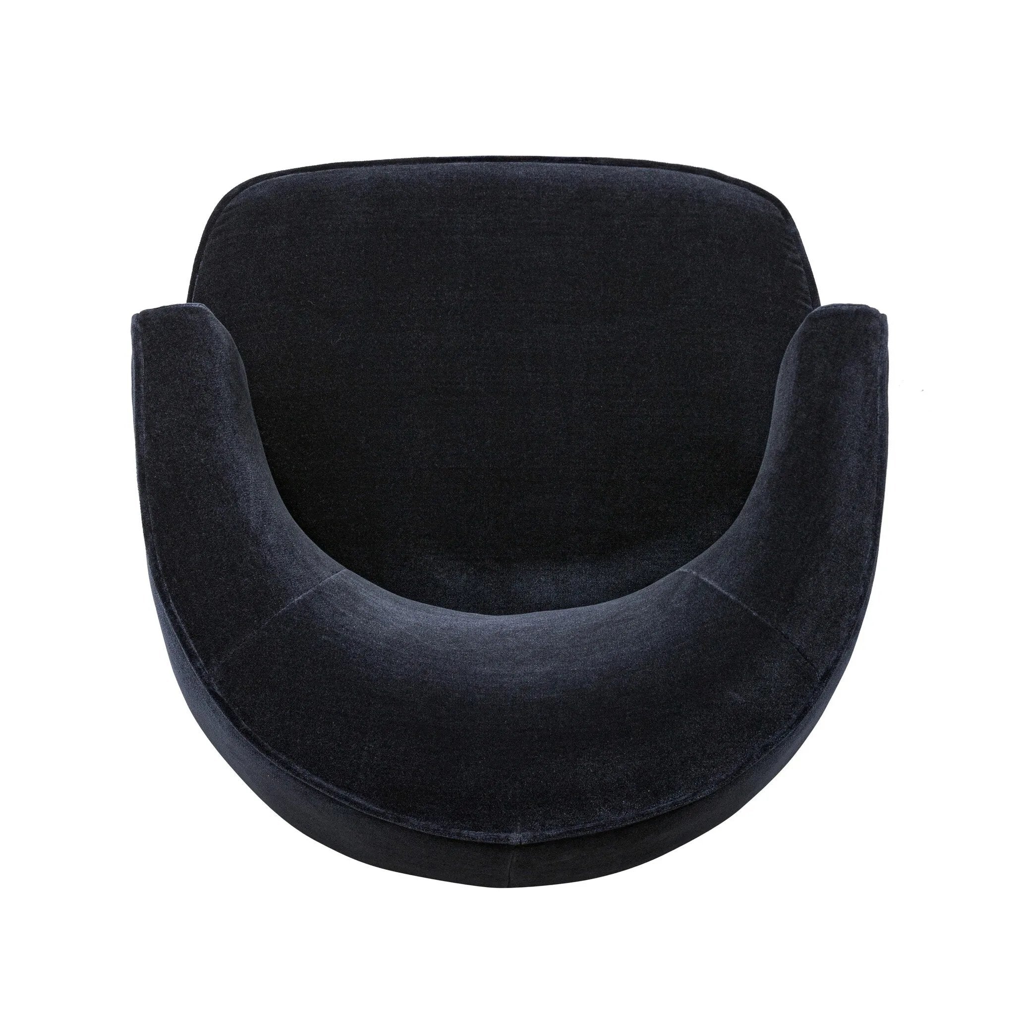 The continuous form of this swivel chair creates a sleek look that elevates everyday seating. Upholstered in navy wool blend, its sleek design is complemented by a 360-degree swivel and pedestal base of solid parawood for a mixed media moment Amethyst Home provides interior design, new home construction design consulting, vintage area rugs, and lighting in the Alpharetta metro area.