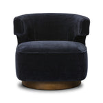 The continuous form of this swivel chair creates a sleek look that elevates everyday seating. Upholstered in navy wool blend, its sleek design is complemented by a 360-degree swivel and pedestal base of solid parawood for a mixed media moment Amethyst Home provides interior design, new home construction design consulting, vintage area rugs, and lighting in the Portland metro area.