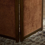 Add privacy where you need it with a vintage-inspired room divider. Three long panels are upholstered in a rich rust-colored chenille and framed out by warm parawood Amethyst Home provides interior design, new home construction design consulting, vintage area rugs, and lighting in the Alpharetta metro area.