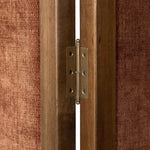 Add privacy where you need it with a vintage-inspired room divider. Three long panels are upholstered in a rich rust-colored chenille and framed out by warm parawood Amethyst Home provides interior design, new home construction design consulting, vintage area rugs, and lighting in the Austin metro area.