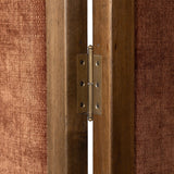 Add privacy where you need it with a vintage-inspired room divider. Three long panels are upholstered in a rich rust-colored chenille and framed out by warm parawood Amethyst Home provides interior design, new home construction design consulting, vintage area rugs, and lighting in the Austin metro area.