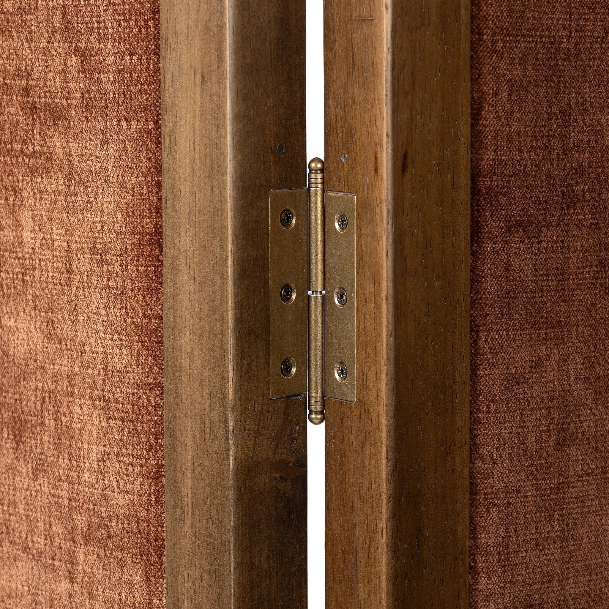 Add privacy where you need it with a vintage-inspired room divider. Three long panels are upholstered in a rich rust-colored chenille and framed out by warm parawood Amethyst Home provides interior design, new home construction design consulting, vintage area rugs, and lighting in the Austin metro area.
