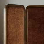 Add privacy where you need it with a vintage-inspired room divider. Three long panels are upholstered in a rich rust-colored chenille and framed out by warm parawood Amethyst Home provides interior design, new home construction design consulting, vintage area rugs, and lighting in the Charlotte metro area.