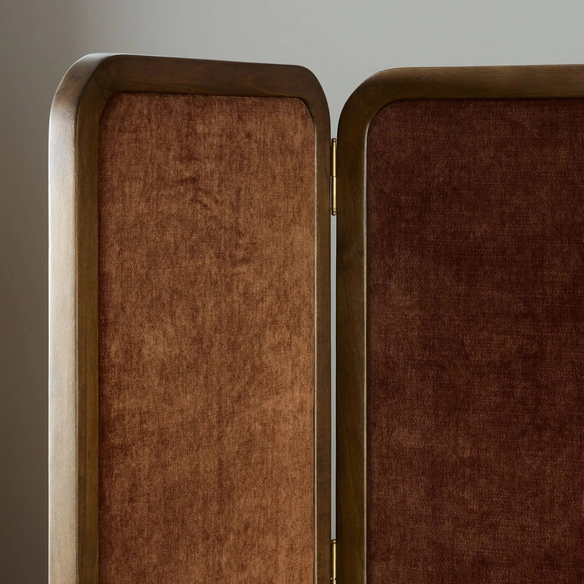 Add privacy where you need it with a vintage-inspired room divider. Three long panels are upholstered in a rich rust-colored chenille and framed out by warm parawood Amethyst Home provides interior design, new home construction design consulting, vintage area rugs, and lighting in the Charlotte metro area.
