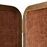 Add privacy where you need it with a vintage-inspired room divider. Three long panels are upholstered in a rich rust-colored chenille and framed out by warm parawood Amethyst Home provides interior design, new home construction design consulting, vintage area rugs, and lighting in the Dallas metro area.