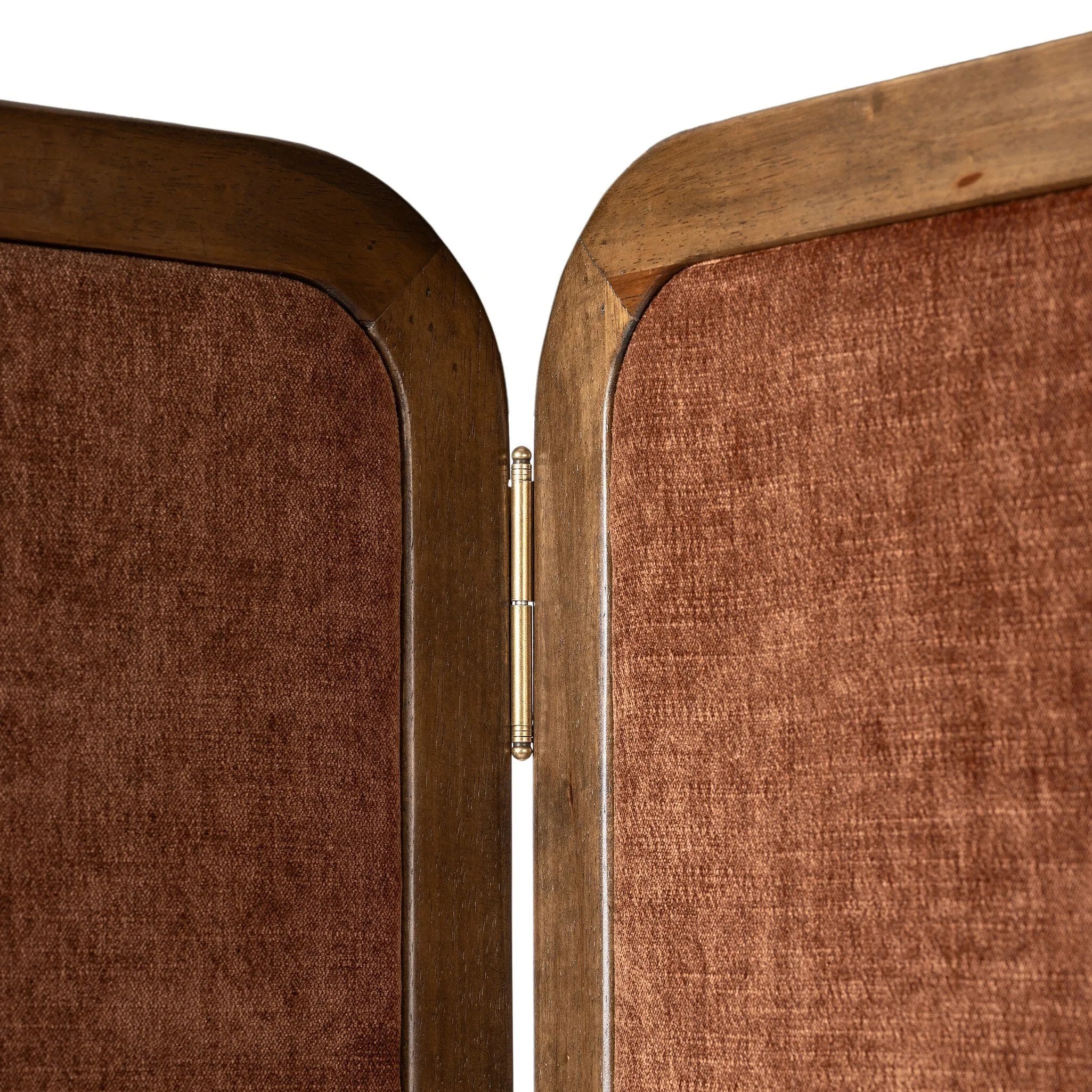 Add privacy where you need it with a vintage-inspired room divider. Three long panels are upholstered in a rich rust-colored chenille and framed out by warm parawood Amethyst Home provides interior design, new home construction design consulting, vintage area rugs, and lighting in the Dallas metro area.