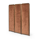 Add privacy where you need it with a vintage-inspired room divider. Three long panels are upholstered in a rich rust-colored chenille and framed out by warm parawood Amethyst Home provides interior design, new home construction design consulting, vintage area rugs, and lighting in the Des Moines metro area.