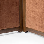 Add privacy where you need it with a vintage-inspired room divider. Three long panels are upholstered in a rich rust-colored chenille and framed out by warm parawood Amethyst Home provides interior design, new home construction design consulting, vintage area rugs, and lighting in the Laguna Beach metro area.