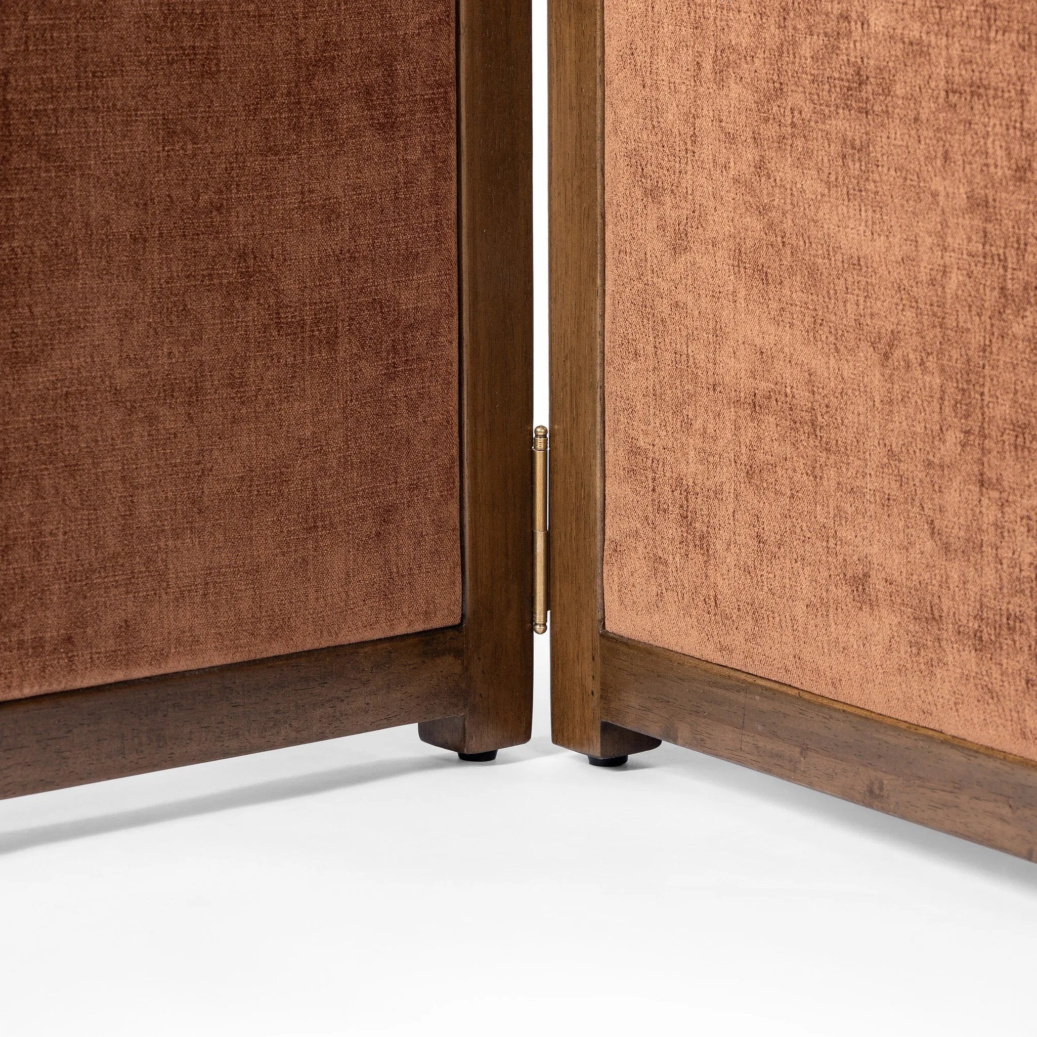 Add privacy where you need it with a vintage-inspired room divider. Three long panels are upholstered in a rich rust-colored chenille and framed out by warm parawood Amethyst Home provides interior design, new home construction design consulting, vintage area rugs, and lighting in the Laguna Beach metro area.