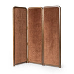 Add privacy where you need it with a vintage-inspired room divider. Three long panels are upholstered in a rich rust-colored chenille and framed out by warm parawood Amethyst Home provides interior design, new home construction design consulting, vintage area rugs, and lighting in the Nashville metro area.