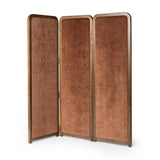 Add privacy where you need it with a vintage-inspired room divider. Three long panels are upholstered in a rich rust-colored chenille and framed out by warm parawood Amethyst Home provides interior design, new home construction design consulting, vintage area rugs, and lighting in the Nashville metro area.