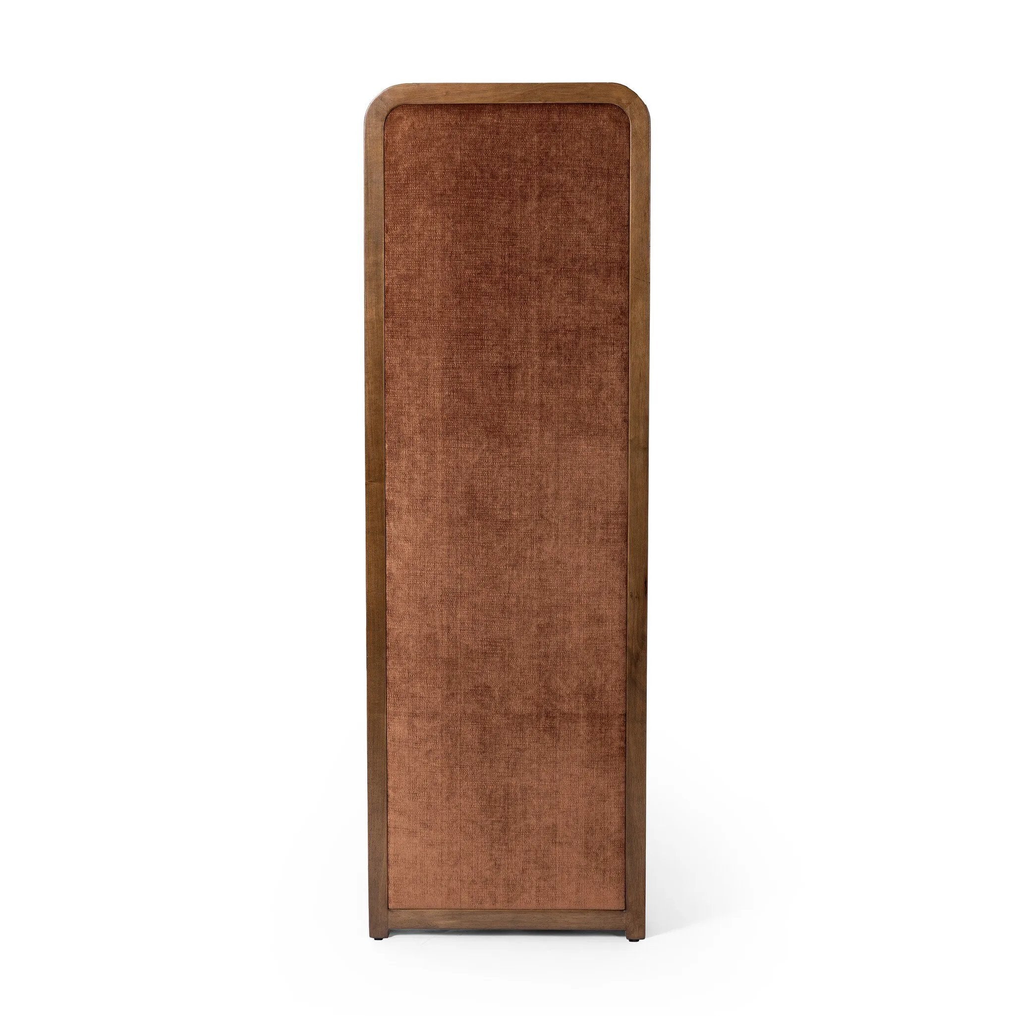 Add privacy where you need it with a vintage-inspired room divider. Three long panels are upholstered in a rich rust-colored chenille and framed out by warm parawood Amethyst Home provides interior design, new home construction design consulting, vintage area rugs, and lighting in the San Diego metro area.