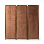 Add privacy where you need it with a vintage-inspired room divider. Three long panels are upholstered in a rich rust-colored chenille and framed out by warm parawood Amethyst Home provides interior design, new home construction design consulting, vintage area rugs, and lighting in the Winter Garden metro area.