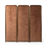 Add privacy where you need it with a vintage-inspired room divider. Three long panels are upholstered in a rich rust-colored chenille and framed out by warm parawood Amethyst Home provides interior design, new home construction design consulting, vintage area rugs, and lighting in the Winter Garden metro area.