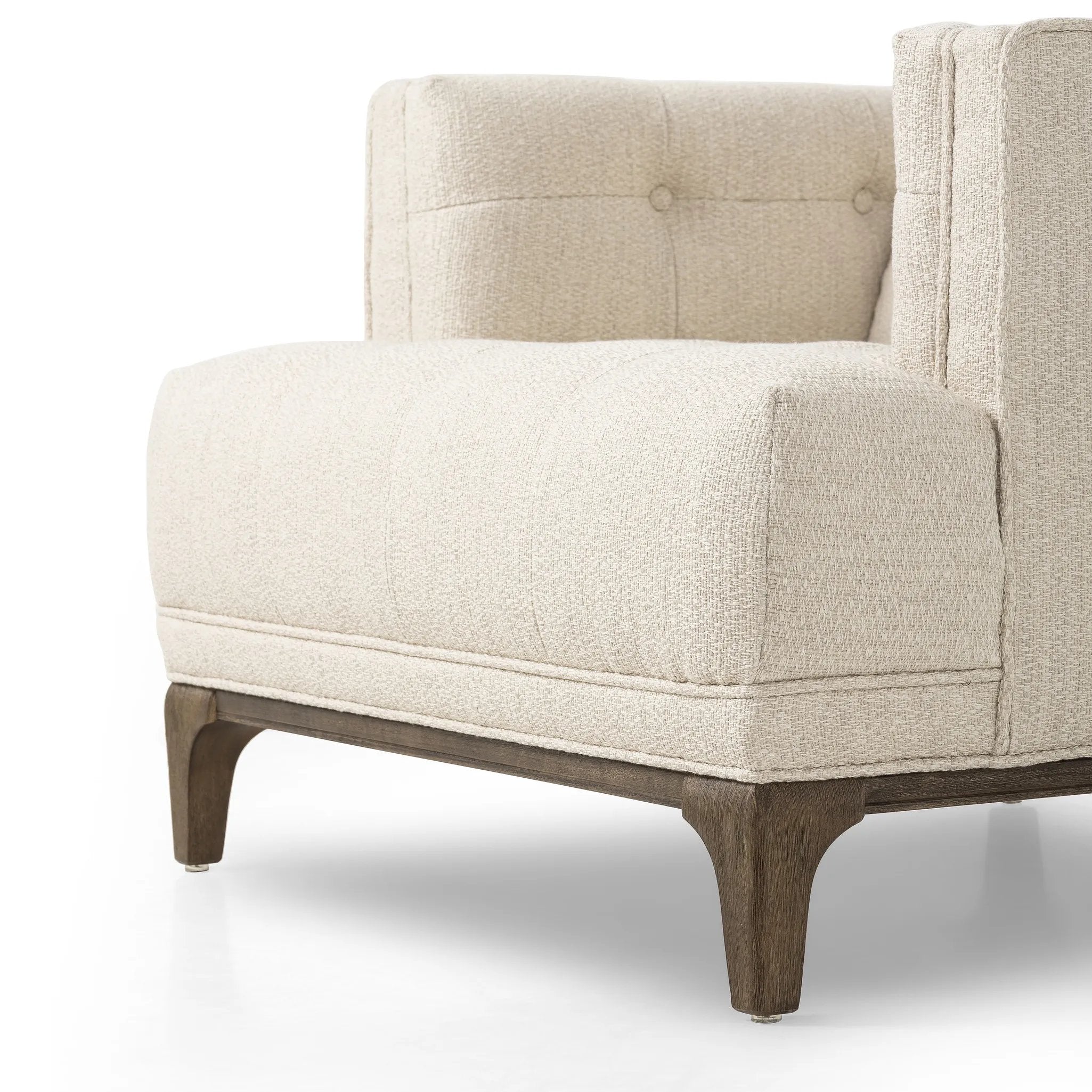 Featuring Dylan Kerbey Taupe Chair by Four Hands at Amethyst Home. Overall Dimensions: 34.75"w x 34.75"d x 25.25"hWeight : 57.54 lbsMaterials: 96% Polyester, 4% Acrylic, Solid Parawood. Amethyst Home provides interior design, new home construction design consulting, vintage area rugs, and lighting in the Tampa metro area.
