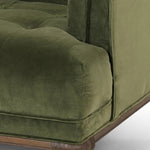Featuring Dylan Sapphire Olive Chair by Four Hands at Amethyst Home. A low, spacious mid-century silhouette is covered in velvety upholstery in an intriguing sapphire olive, with blind tufting.Overall Dimensions: 34.75"w x 34.75"d x 25.25"hWeight : 57.54 lbsMaterials: 95% Polyester, 5% Cotton, Solid Parawood. Amethyst Home provides interior design, new home construction design consulting, vintage area rugs, and lighting in the Laguna Beach metro area.