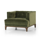 Featuring Dylan Sapphire Olive Chair by Four Hands at Amethyst Home. A low, spacious mid-century silhouette is covered in velvety upholstery in an intriguing sapphire olive, with blind tufting.Overall Dimensions: 34.75"w x 34.75"d x 25.25"hWeight : 57.54 lbsMaterials: 95% Polyester, 5% Cotton, Solid Parawood. Amethyst Home provides interior design, new home construction design consulting, vintage area rugs, and lighting in the Monterey metro area.