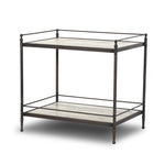 Bring a touch of heritage charm to your bedroom with this two-tier metal nightstand. An aged rust finish complements solid marble shelves with stripe-like veining, finished out with turned legs and gallery edging Amethyst Home provides interior design, new home construction design consulting, vintage area rugs, and lighting in the Alpharetta metro area.