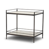 Bring a touch of heritage charm to your bedroom with this two-tier metal nightstand. An aged rust finish complements solid marble shelves with stripe-like veining, finished out with turned legs and gallery edging Amethyst Home provides interior design, new home construction design consulting, vintage area rugs, and lighting in the Alpharetta metro area.