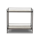 Bring a touch of heritage charm to your bedroom with this two-tier metal nightstand. An aged rust finish complements solid marble shelves with stripe-like veining, finished out with turned legs and gallery edging Amethyst Home provides interior design, new home construction design consulting, vintage area rugs, and lighting in the Boston metro area.