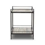 Bring a touch of heritage charm to your bedroom with this two-tier metal nightstand. An aged rust finish complements solid marble shelves with stripe-like veining, finished out with turned legs and gallery edging Amethyst Home provides interior design, new home construction design consulting, vintage area rugs, and lighting in the Des Moines metro area.