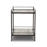 Bring a touch of heritage charm to your bedroom with this two-tier metal nightstand. An aged rust finish complements solid marble shelves with stripe-like veining, finished out with turned legs and gallery edging Amethyst Home provides interior design, new home construction design consulting, vintage area rugs, and lighting in the Des Moines metro area.