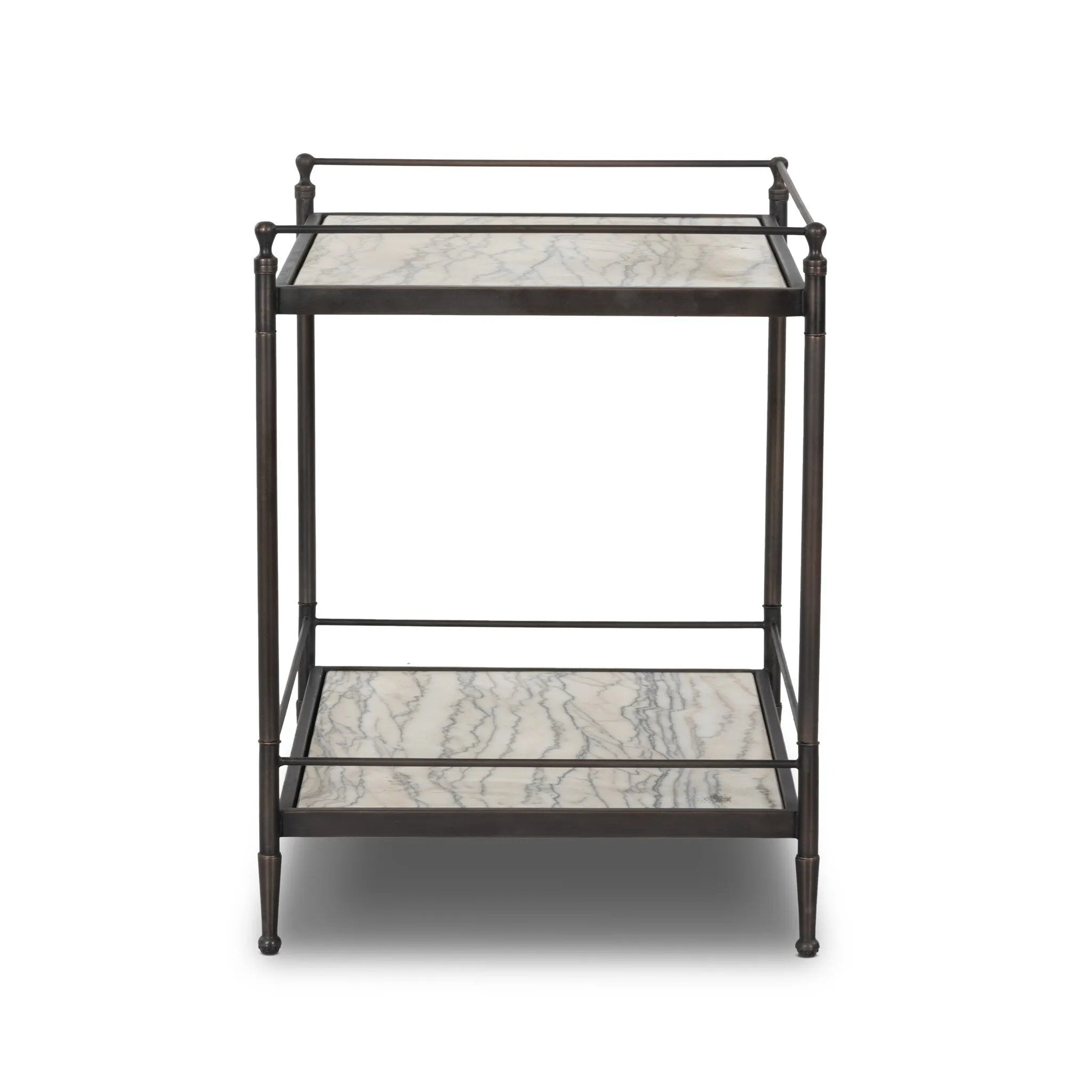 Bring a touch of heritage charm to your bedroom with this two-tier metal nightstand. An aged rust finish complements solid marble shelves with stripe-like veining, finished out with turned legs and gallery edging Amethyst Home provides interior design, new home construction design consulting, vintage area rugs, and lighting in the Des Moines metro area.