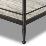Bring a touch of heritage charm to your bedroom with this two-tier metal nightstand. An aged rust finish complements solid marble shelves with stripe-like veining, finished out with turned legs and gallery edging Amethyst Home provides interior design, new home construction design consulting, vintage area rugs, and lighting in the Monterey metro area.