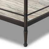 Bring a touch of heritage charm to your bedroom with this two-tier metal nightstand. An aged rust finish complements solid marble shelves with stripe-like veining, finished out with turned legs and gallery edging Amethyst Home provides interior design, new home construction design consulting, vintage area rugs, and lighting in the Monterey metro area.