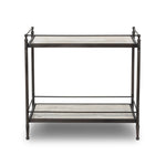 Bring a touch of heritage charm to your bedroom with this two-tier metal nightstand. An aged rust finish complements solid marble shelves with stripe-like veining, finished out with turned legs and gallery edging Amethyst Home provides interior design, new home construction design consulting, vintage area rugs, and lighting in the San Diego metro area.
