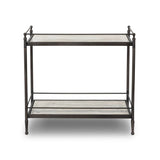 Bring a touch of heritage charm to your bedroom with this two-tier metal nightstand. An aged rust finish complements solid marble shelves with stripe-like veining, finished out with turned legs and gallery edging Amethyst Home provides interior design, new home construction design consulting, vintage area rugs, and lighting in the San Diego metro area.