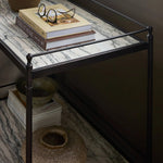 Bring a touch of heritage charm to your bedroom with this two-tier metal nightstand. An aged rust finish complements solid marble shelves with stripe-like veining, finished out with turned legs and gallery edging Amethyst Home provides interior design, new home construction design consulting, vintage area rugs, and lighting in the Tampa metro area.