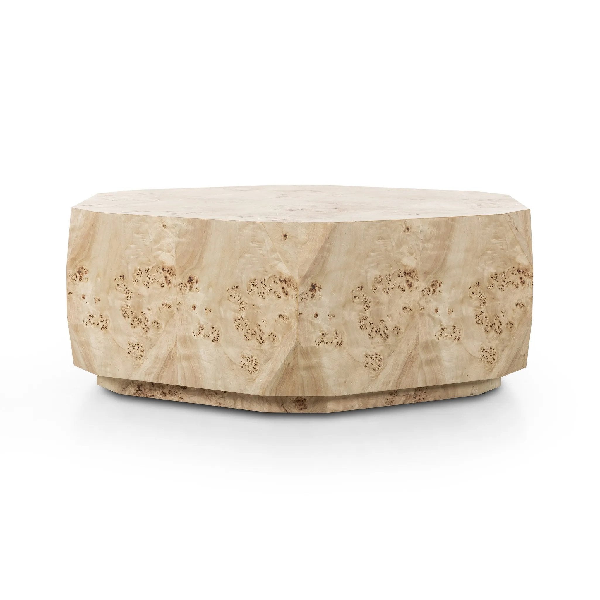 Light poplar burl crafts an organic-looking shape, bringing a sense of moment to this design-forward coffee table. An understated plinth base finishes the look while adding intriguing balance of scale Amethyst Home provides interior design, new home construction design consulting, vintage area rugs, and lighting in the Kansas City metro area.
