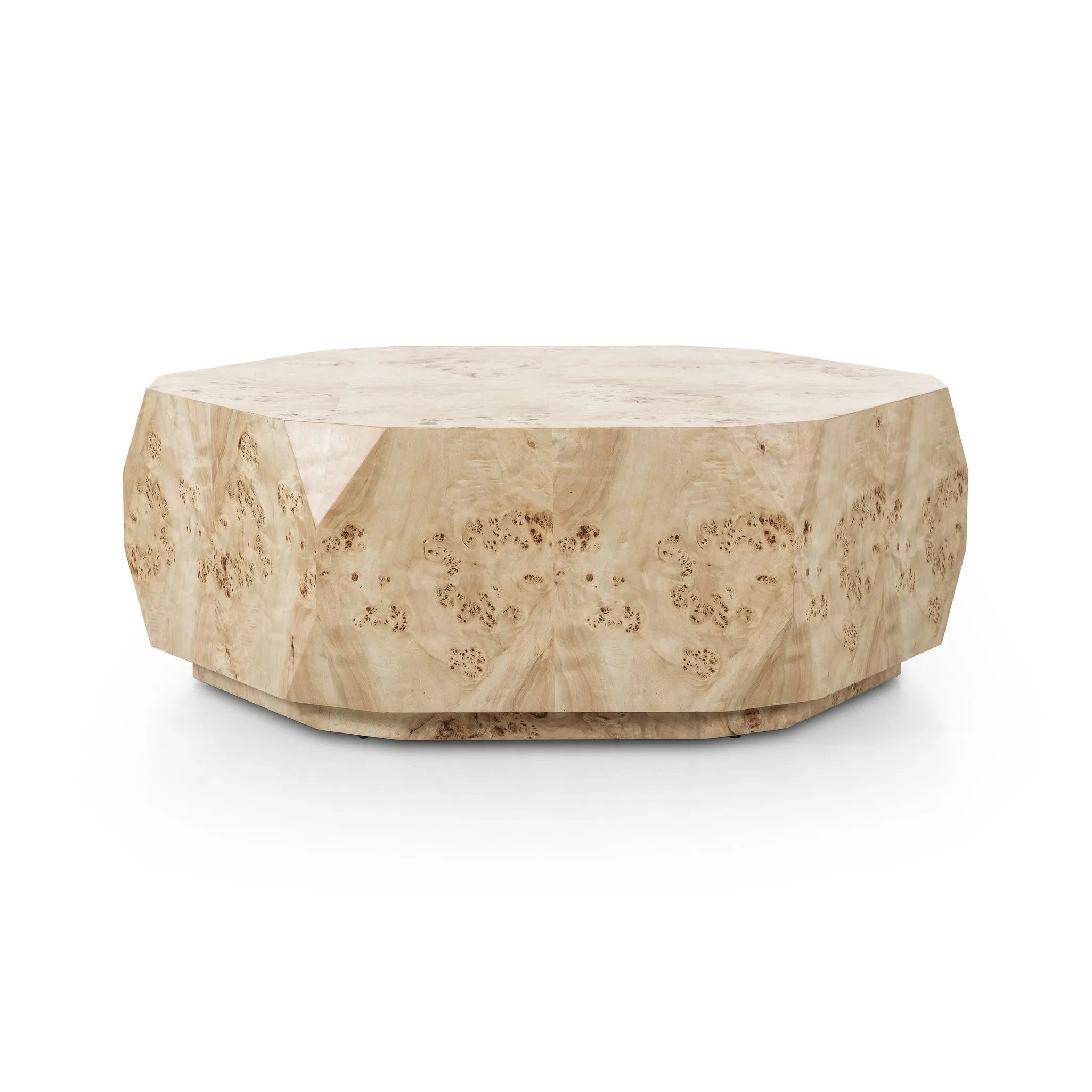 Light poplar burl crafts an organic-looking shape, bringing a sense of moment to this design-forward coffee table. An understated plinth base finishes the look while adding intriguing balance of scale Amethyst Home provides interior design, new home construction design consulting, vintage area rugs, and lighting in the Nashville metro area.