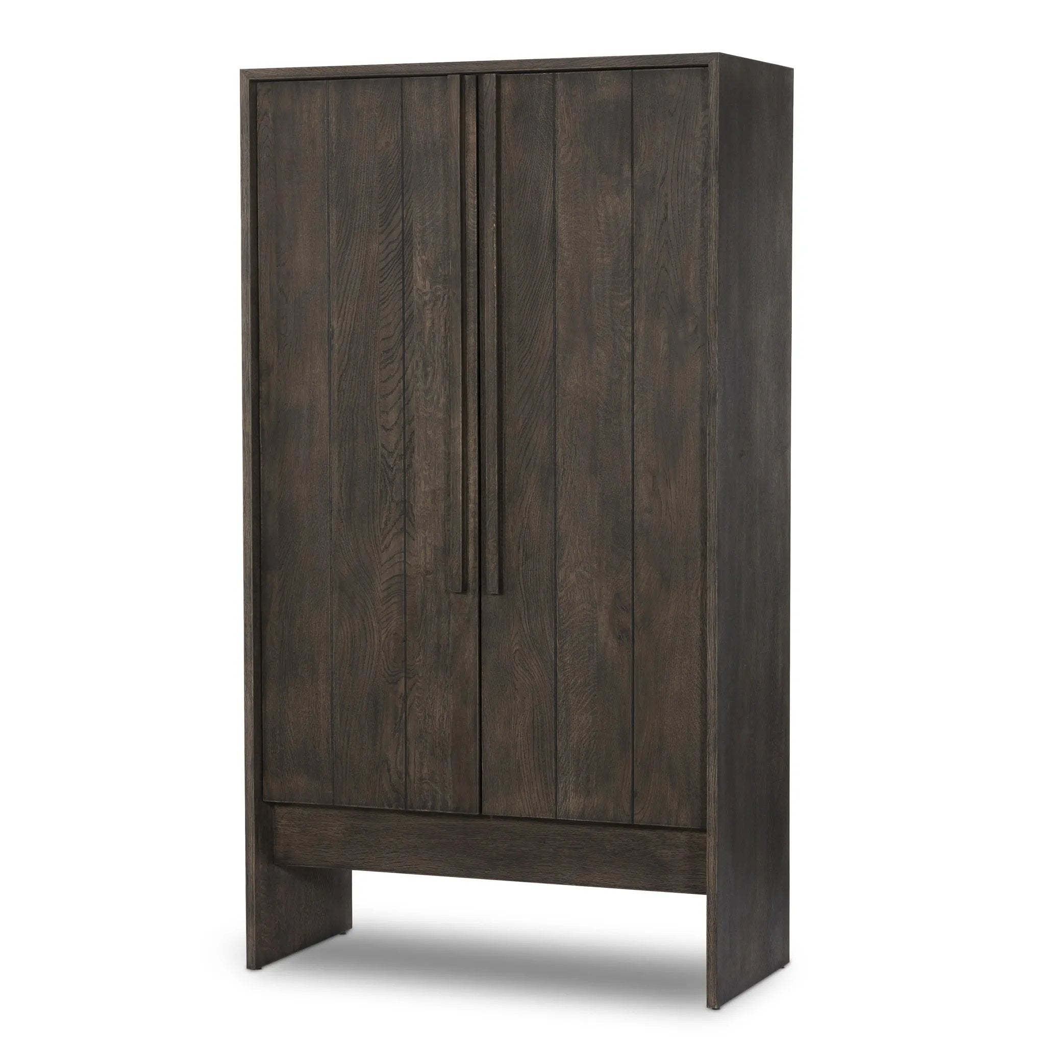 A clean, structured piece with plenty of presence. Made from oak and finished in a rich, dark brown, storage-driven cabinetry features plank-style doors, with linear hardware elongating the whole look Amethyst Home provides interior design, new home construction design consulting, vintage area rugs, and lighting in the Nashville metro area.