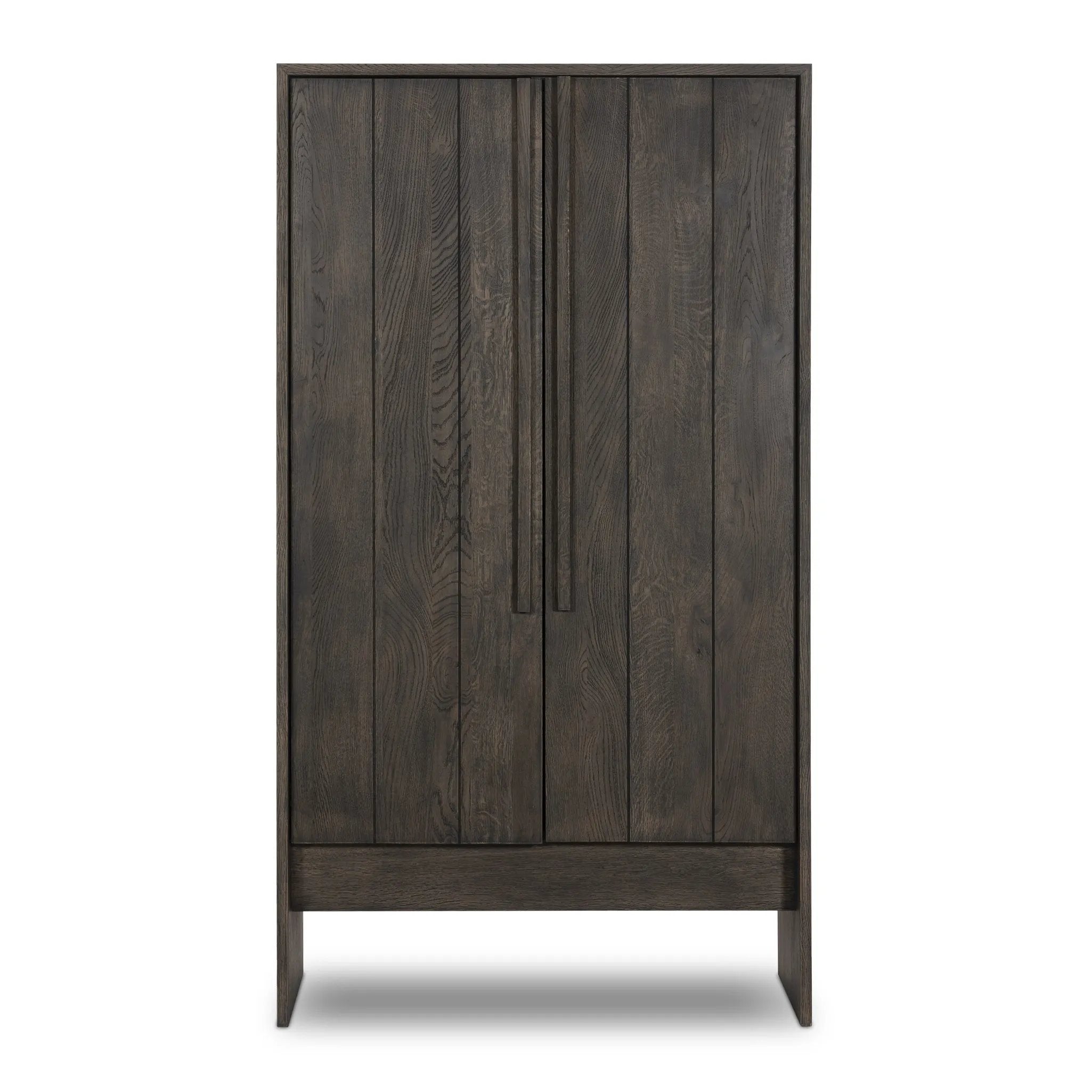 A clean, structured piece with plenty of presence. Made from oak and finished in a rich, dark brown, storage-driven cabinetry features plank-style doors, with linear hardware elongating the whole look Amethyst Home provides interior design, new home construction design consulting, vintage area rugs, and lighting in the Scottsdale metro area.