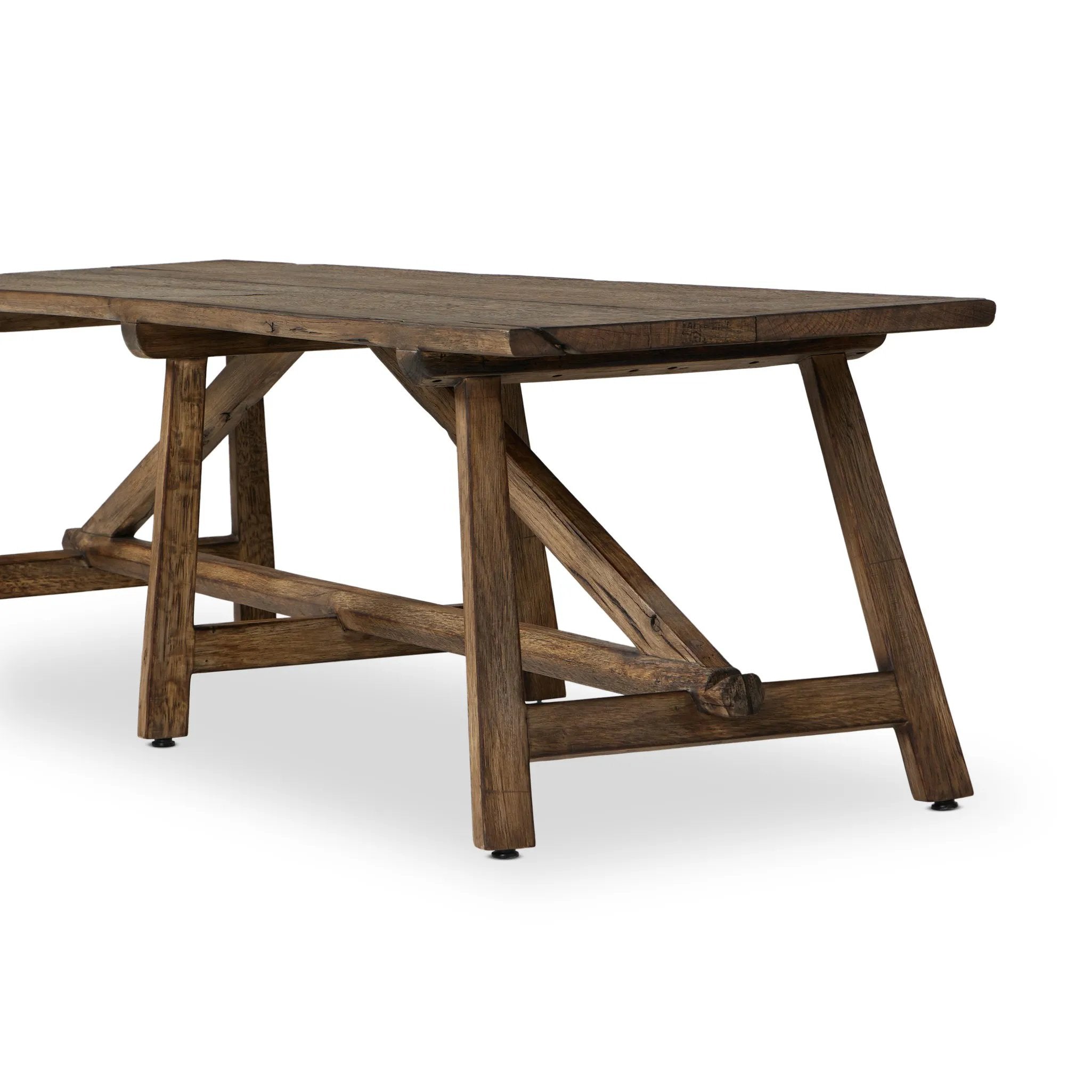 This Wabi Sabi-inspired accent bench feels like a family heirloom, thanks to the timeless look of burnt bleached oak. A trellis base, wide planked top and natural cracks and graining reflect the artisanship behind this special found-feeling pieces Amethyst Home provides interior design, new home construction design consulting, vintage area rugs, and lighting in the Boston metro area.