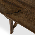 This Wabi Sabi-inspired accent bench feels like a family heirloom, thanks to the timeless look of burnt bleached oak. A trellis base, wide planked top and natural cracks and graining reflect the artisanship behind this special found-feeling pieces Amethyst Home provides interior design, new home construction design consulting, vintage area rugs, and lighting in the Des Moines metro area.