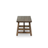 This Wabi Sabi-inspired accent bench feels like a family heirloom, thanks to the timeless look of burnt bleached oak. A trellis base, wide planked top and natural cracks and graining reflect the artisanship behind this special found-feeling pieces Amethyst Home provides interior design, new home construction design consulting, vintage area rugs, and lighting in the Houston metro area.