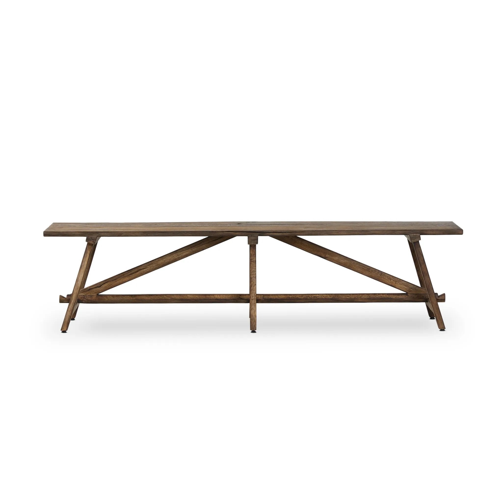 This Wabi Sabi-inspired accent bench feels like a family heirloom, thanks to the timeless look of burnt bleached oak. A trellis base, wide planked top and natural cracks and graining reflect the artisanship behind this special found-feeling pieces Amethyst Home provides interior design, new home construction design consulting, vintage area rugs, and lighting in the Monterey metro area.