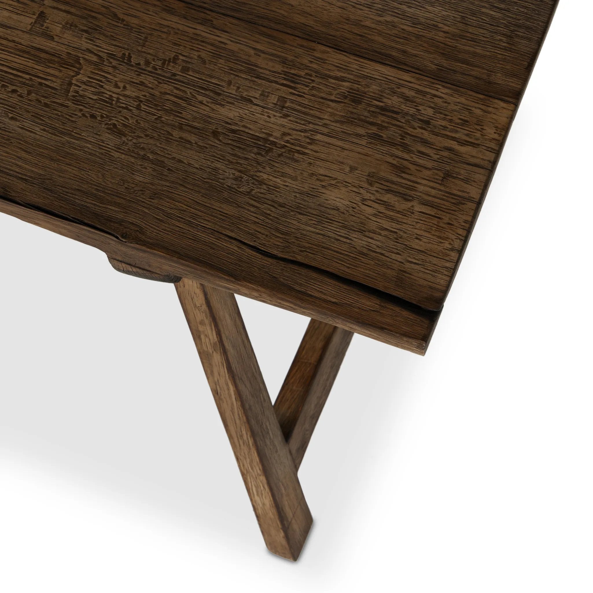 This Wabi Sabi-inspired accent bench feels like a family heirloom, thanks to the timeless look of burnt bleached oak. A trellis base, wide planked top and natural cracks and graining reflect the artisanship behind this special found-feeling pieces Amethyst Home provides interior design, new home construction design consulting, vintage area rugs, and lighting in the Omaha metro area.