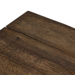 This Wabi Sabi-inspired accent bench feels like a family heirloom, thanks to the timeless look of burnt bleached oak. A trellis base, wide planked top and natural cracks and graining reflect the artisanship behind this special found-feeling pieces Amethyst Home provides interior design, new home construction design consulting, vintage area rugs, and lighting in the San Diego metro area.