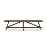 This Wabi Sabi-inspired accent bench feels like a family heirloom, thanks to the timeless look of burnt bleached oak. A trellis base, wide planked top and natural cracks and graining reflect the artisanship behind this special found-feeling pieces Amethyst Home provides interior design, new home construction design consulting, vintage area rugs, and lighting in the Winter Garden metro area.