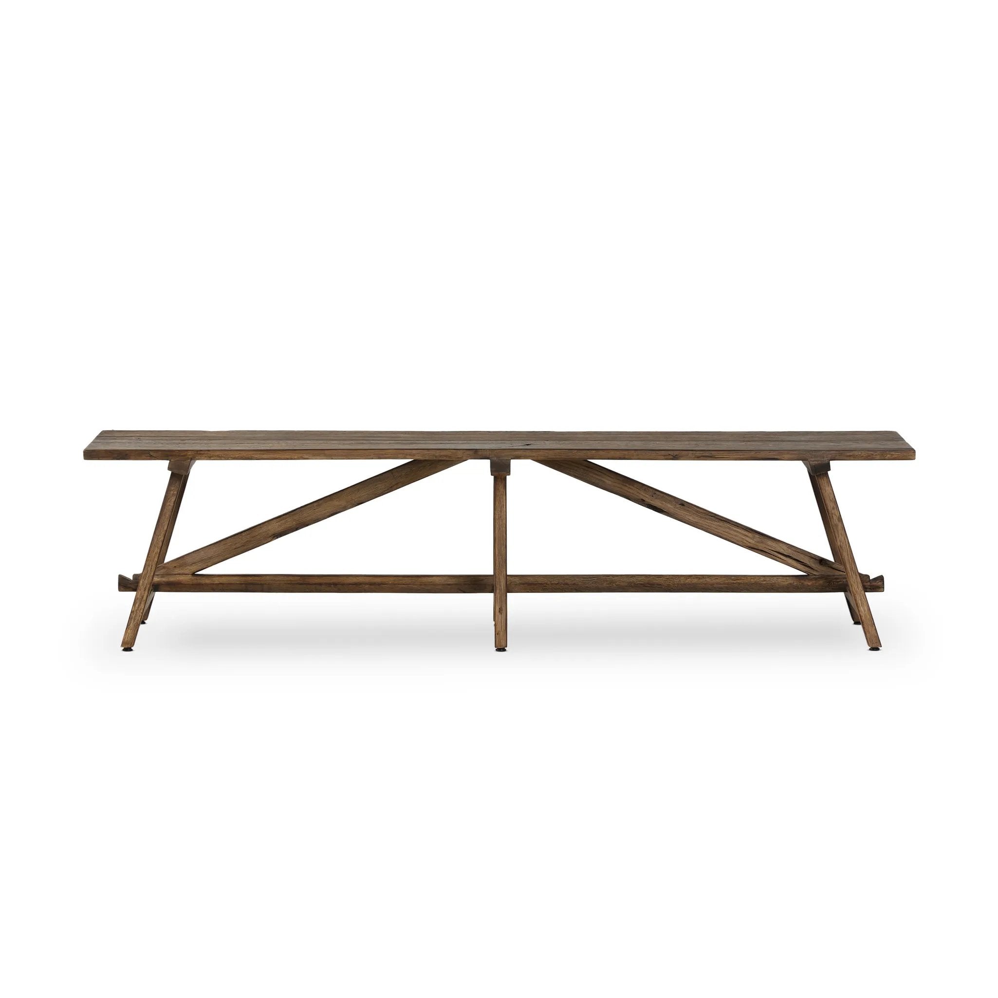This Wabi Sabi-inspired accent bench feels like a family heirloom, thanks to the timeless look of burnt bleached oak. A trellis base, wide planked top and natural cracks and graining reflect the artisanship behind this special found-feeling pieces Amethyst Home provides interior design, new home construction design consulting, vintage area rugs, and lighting in the Winter Garden metro area.