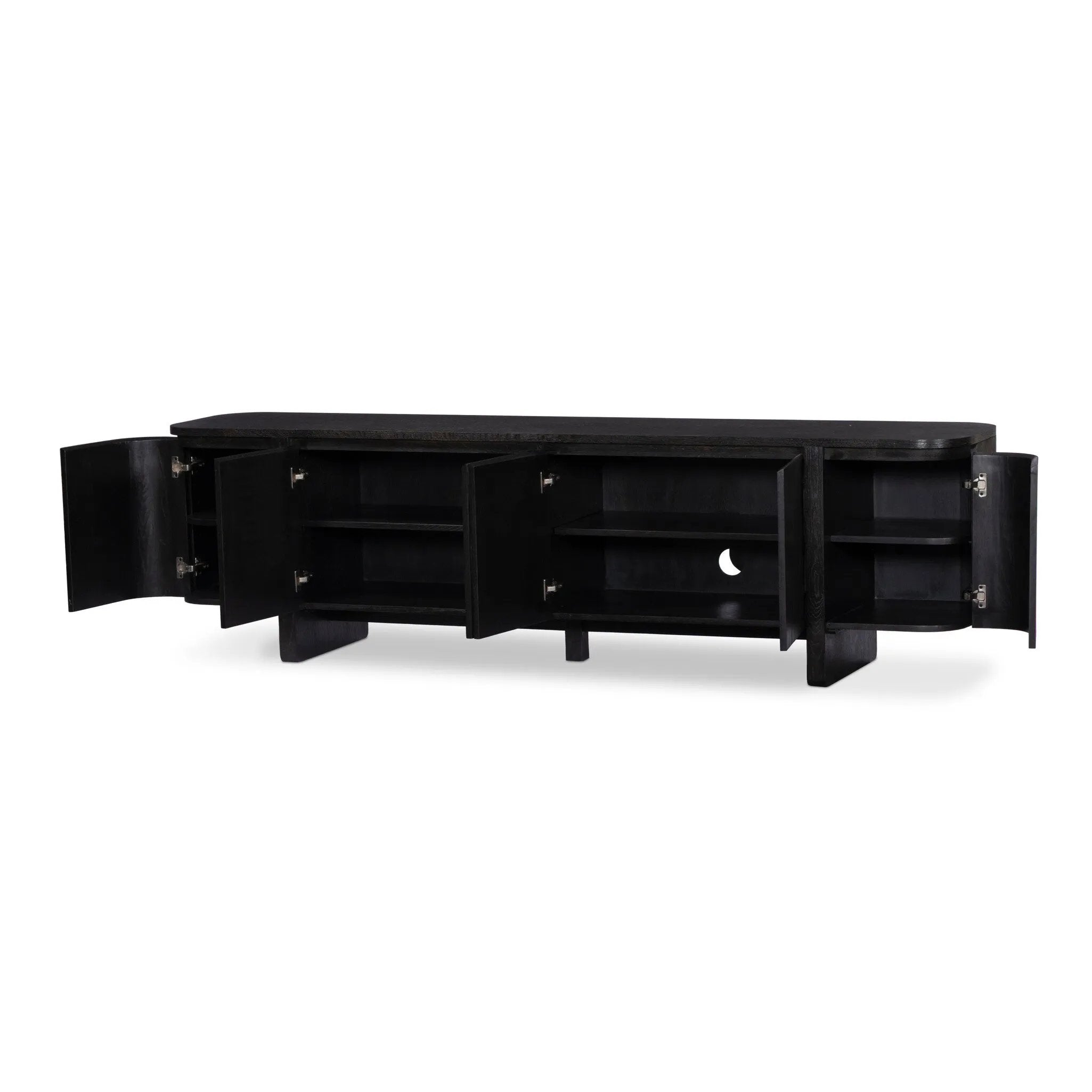 A clean-styled media console made from worn black oak. Six doors feature subtle finger grooves for easy open. Gentle curves soften up the look, while a floating design keeps things feeling light and fresh. Inside, generous shelving awaits storage of media and more. Amethyst Home provides interior design, new home construction design consulting, vintage area rugs, and lighting in the San Diego metro area.